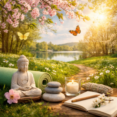 Frühlingsbeginn und Entspannung - symbolisiert durch eine Frühlingslandschaft, eine Yogamatte und eine Bhuddaskulptur